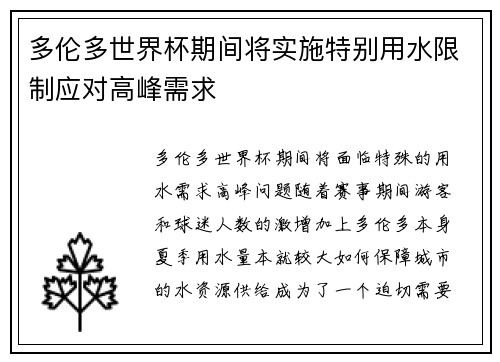 多伦多世界杯期间将实施特别用水限制应对高峰需求
