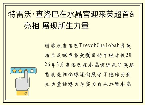 特雷沃·查洛巴在水晶宫迎来英超首发亮相 展现新生力量 特雷沃·查洛巴在水晶宫迎来英超首发亮相 展现新生力量